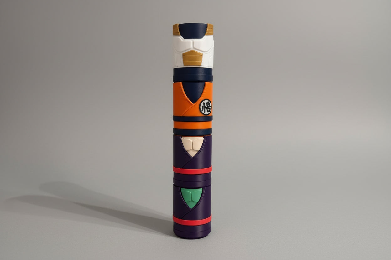 Colorful cylindrical object with a face design on a neutral background