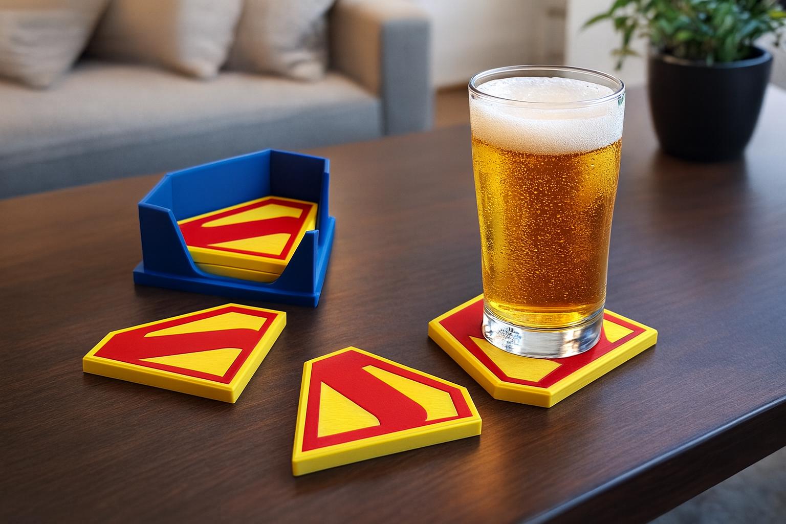 Superman-Themed Coaster Set with Built-In Bottle Openers – 3D Printed