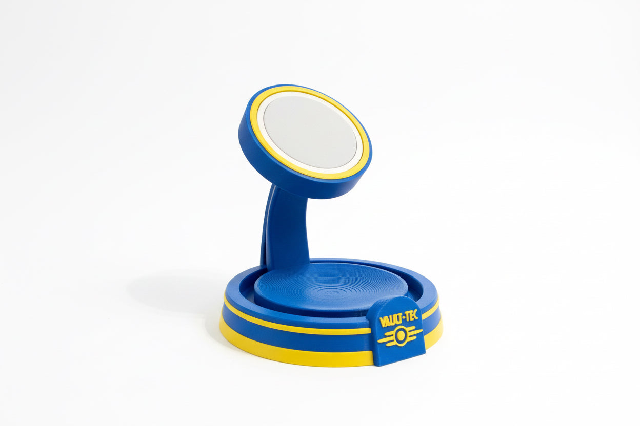 Blue and yellow fallout inspired phone holder on a textured surface with a neutral background