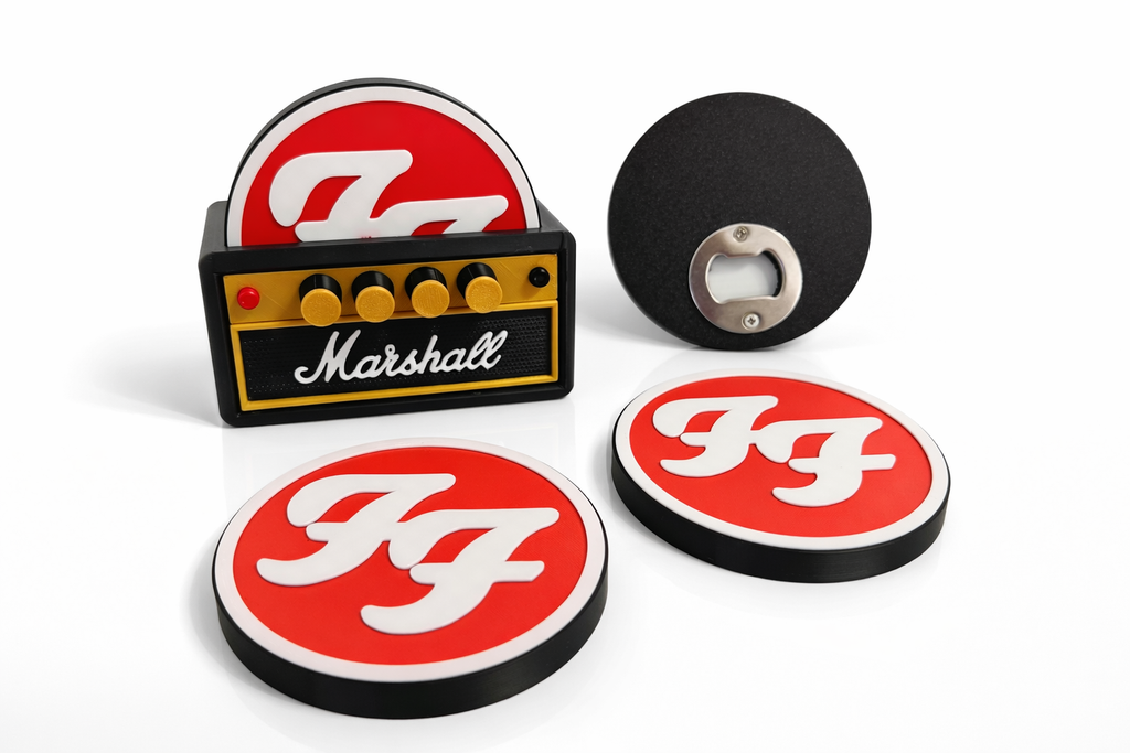 Foo Fighters Coaster Set with Amp Holder – Guitar Amp Style Coasters – Rock Music Gift – Bottle Opener Coaster Set – 3D Printed