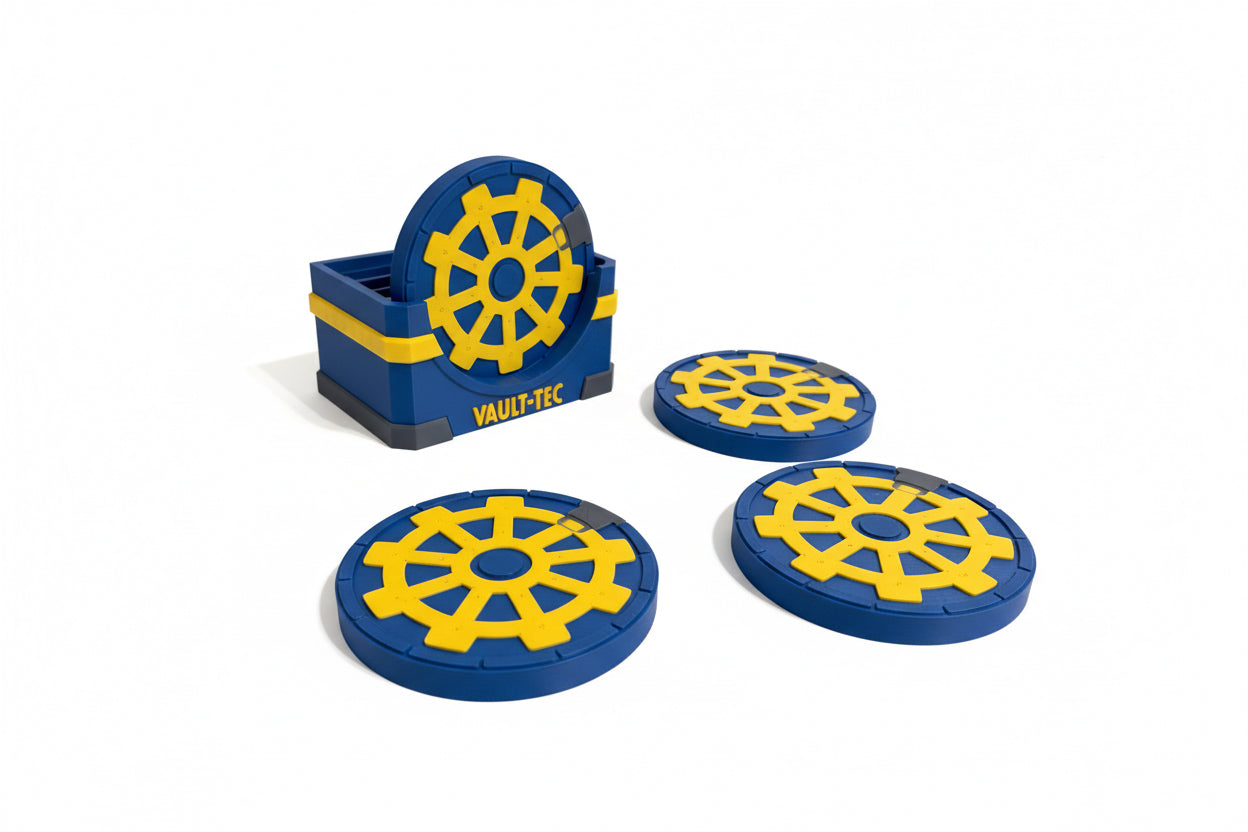 Set of blue and yellow circular objects resembling a vault door on a gray surface.