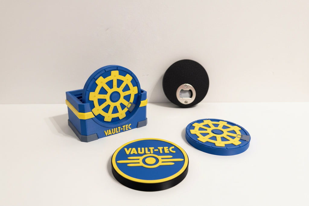 Vault-Tec branded coasters and bottle opener on a gray surface with a beige background