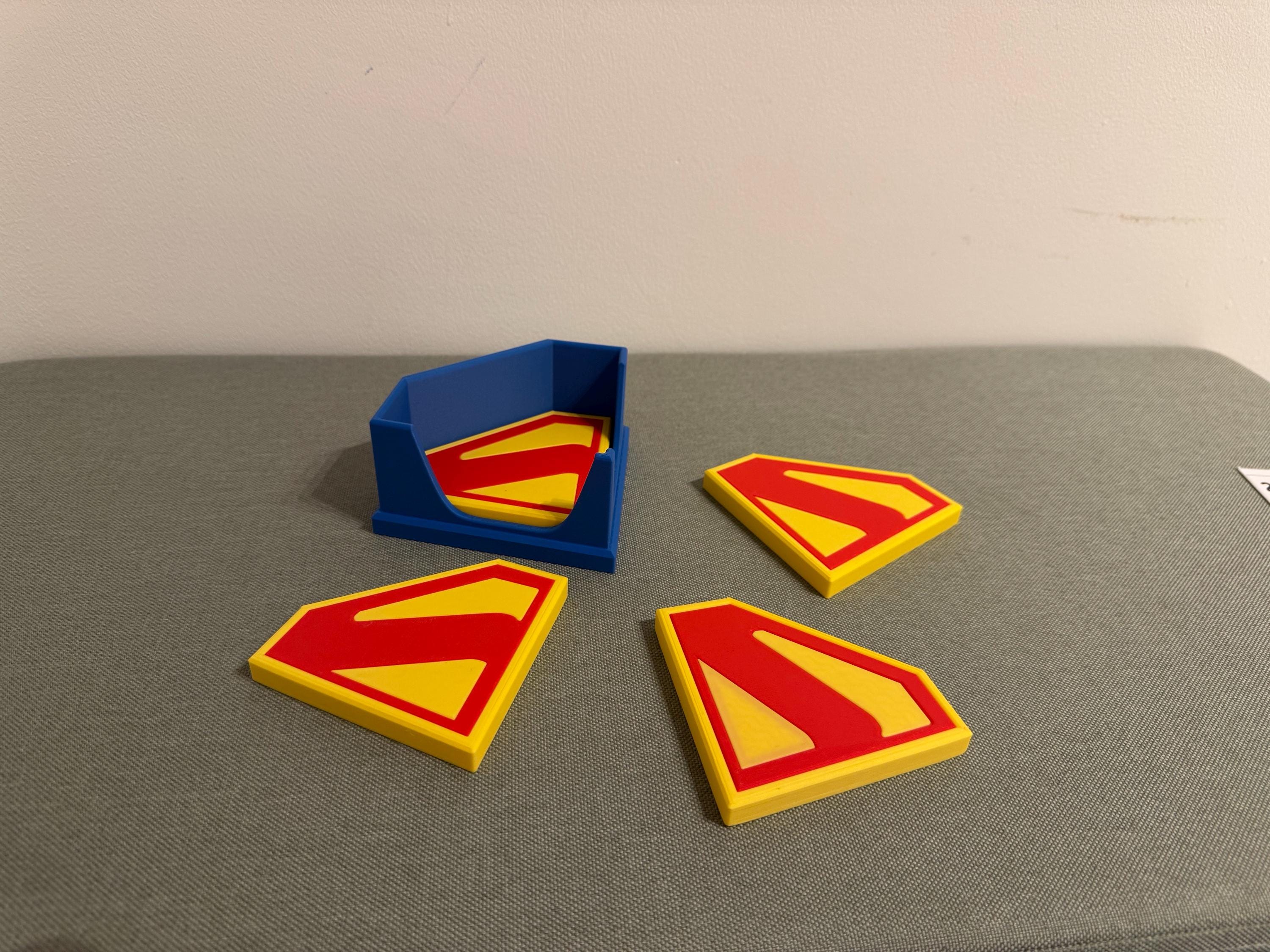 Superman-Themed Coaster Set with Built-In Bottle Openers – 3D Printed