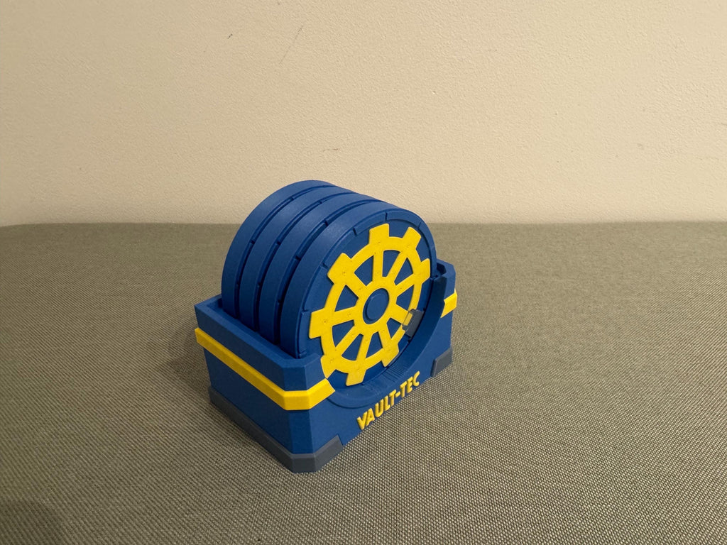 Fallout-Inspired Vault Coaster Set with Holder & Bottle Opener | Gaming Coasters | 3D Printed Home Bar Gift