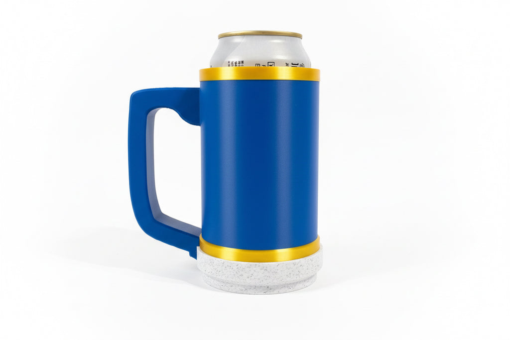 Blue alliance world of Warcraft mug with yellow accents holding a can on a gray surface