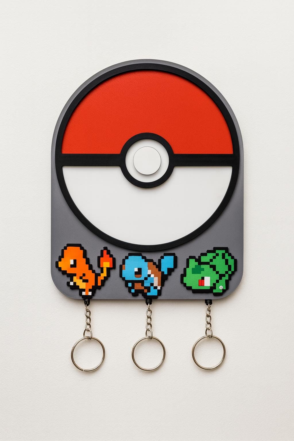 Pokeball Key Holder | Pixel Art Pokemon Key Rack with Charmander, Squirtle & Bulbasaur | Geeky Gamer Wall Decor
