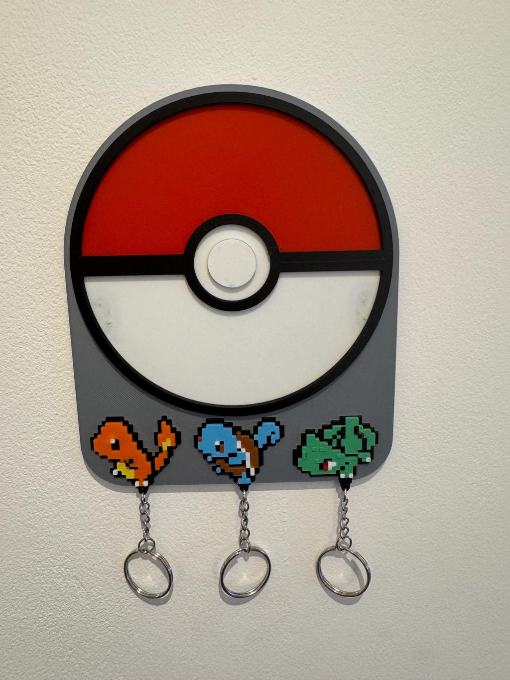 Pokeball Key Holder | Pixel Art Pokemon Key Rack with Charmander, Squirtle & Bulbasaur | Geeky Gamer Wall Decor