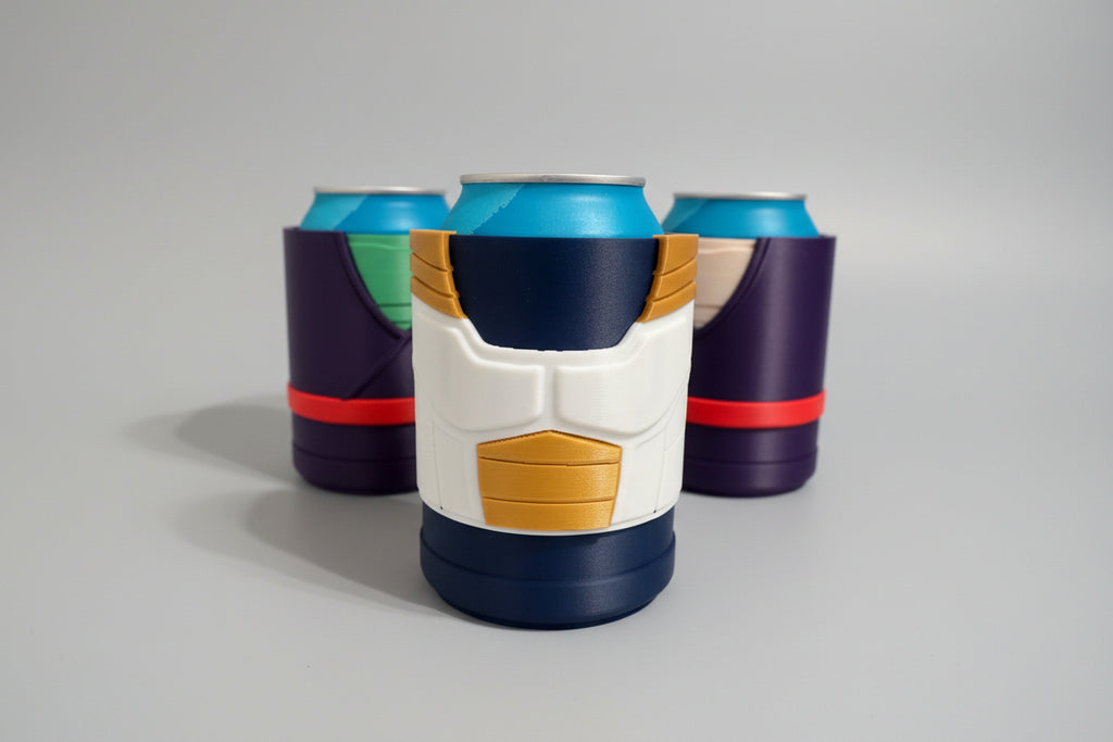 DBZ Can holder shaped like a robot torso with three cans on a textured surface