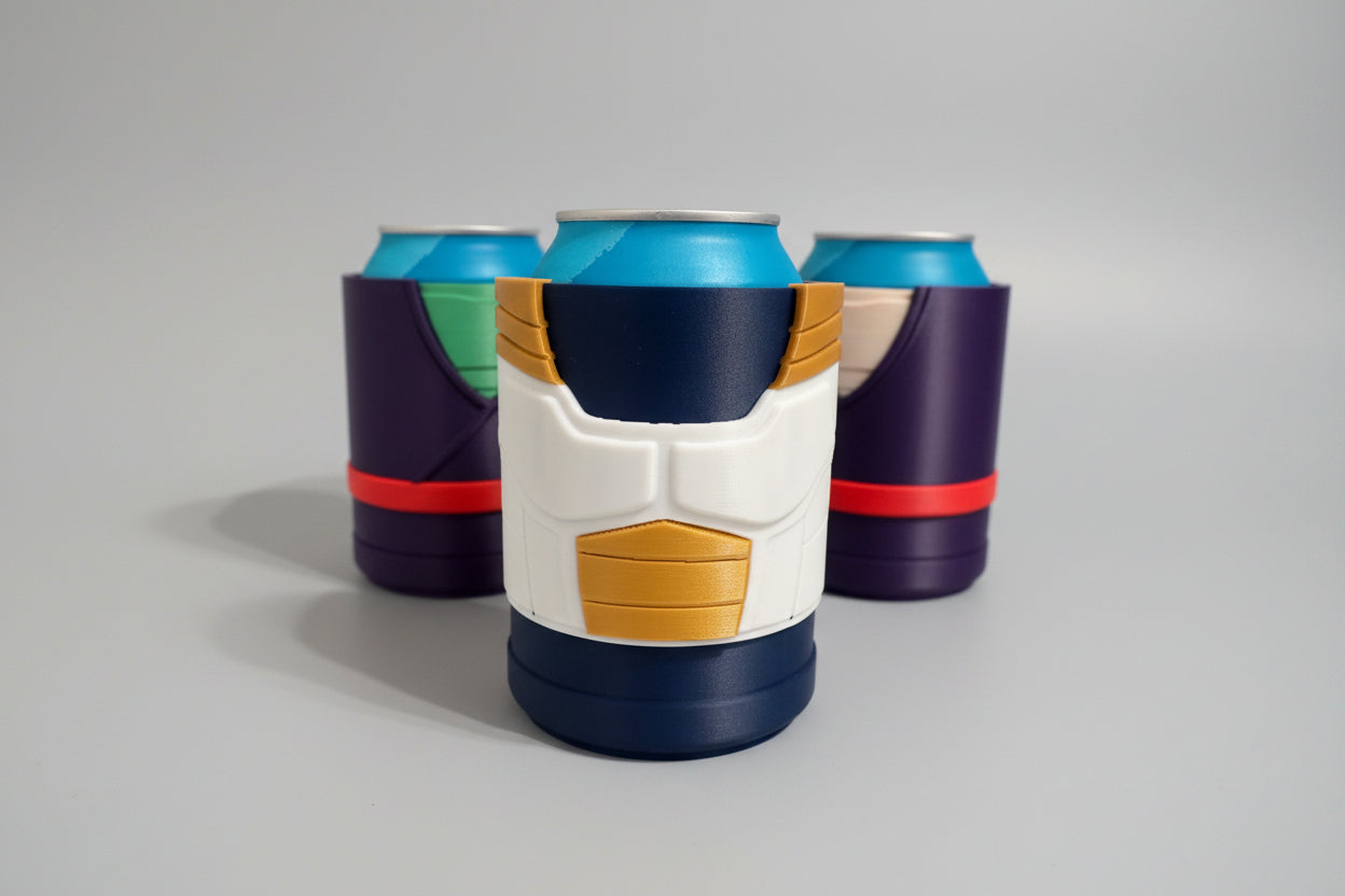 DBZ Can holder shaped like a robot torso with three cans on a textured surface