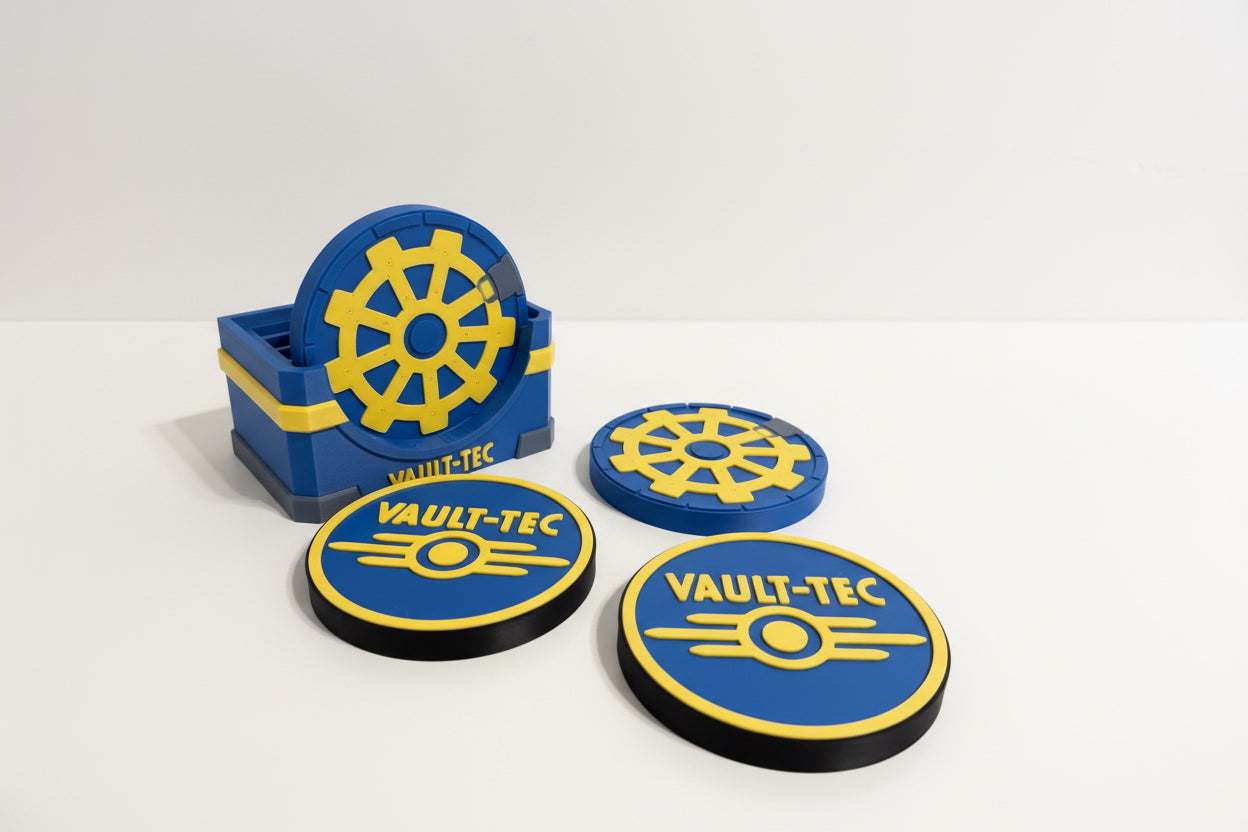 Vault-Tec coasters on a gray surface with a beige background