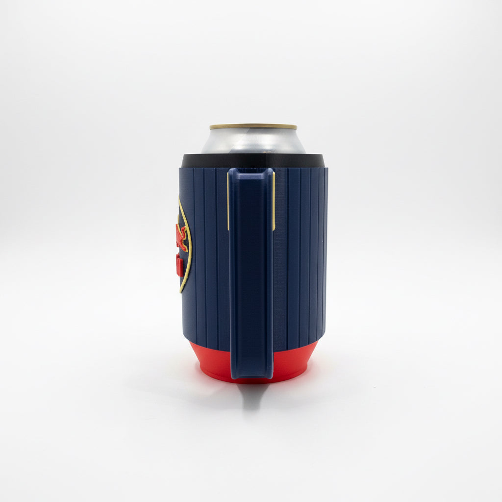 Blue red bull can cooler with a can inside on a gray surface