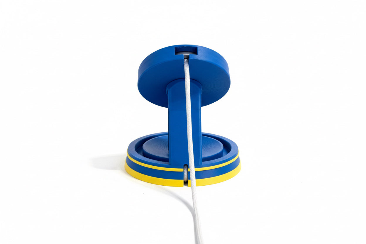 Blue and yellow object with a white cord on a textured surface