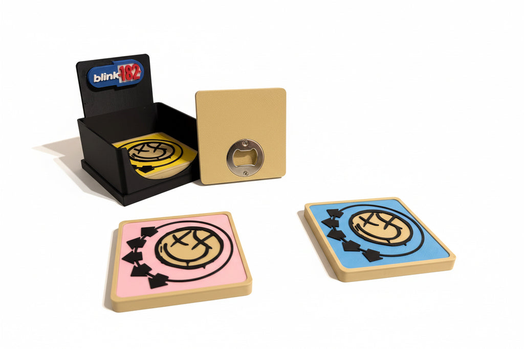 Set of blink 182 coasters with a bottle opener on a gray surface