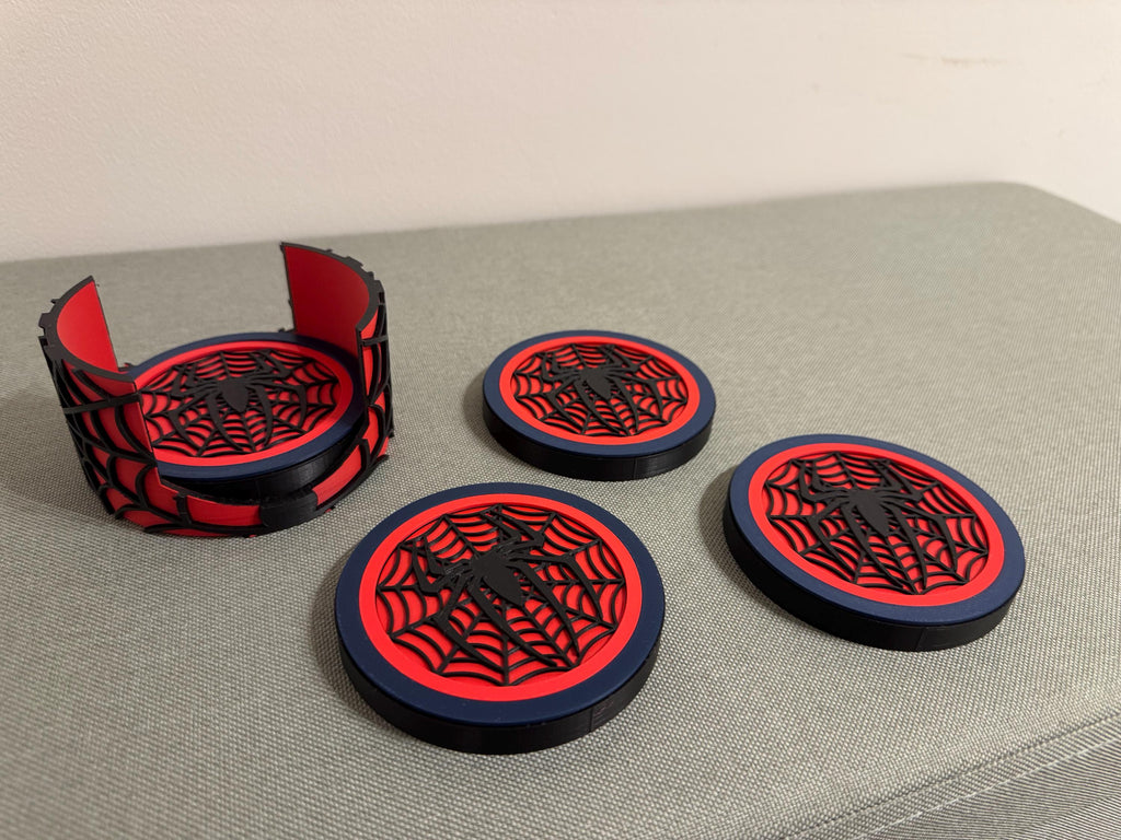 Spider-Man Inspired 3D Printed Coaster Set with Hidden Bottle Opener – Includes Matching Holder