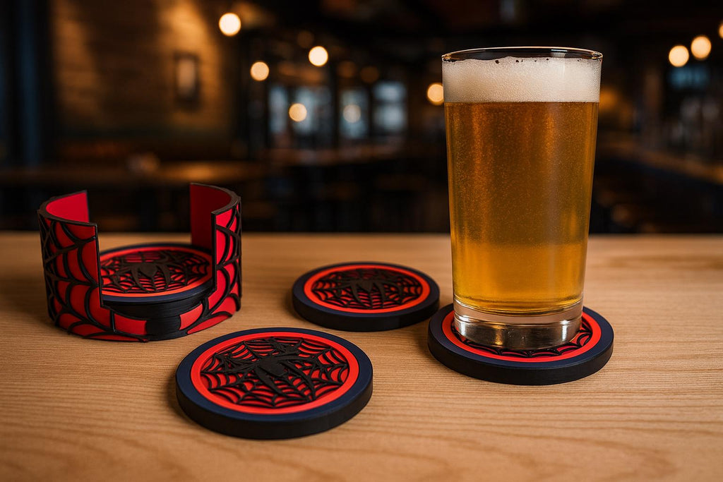 Spider-Man Inspired 3D Printed Coaster Set with Hidden Bottle Opener – Includes Matching Holder