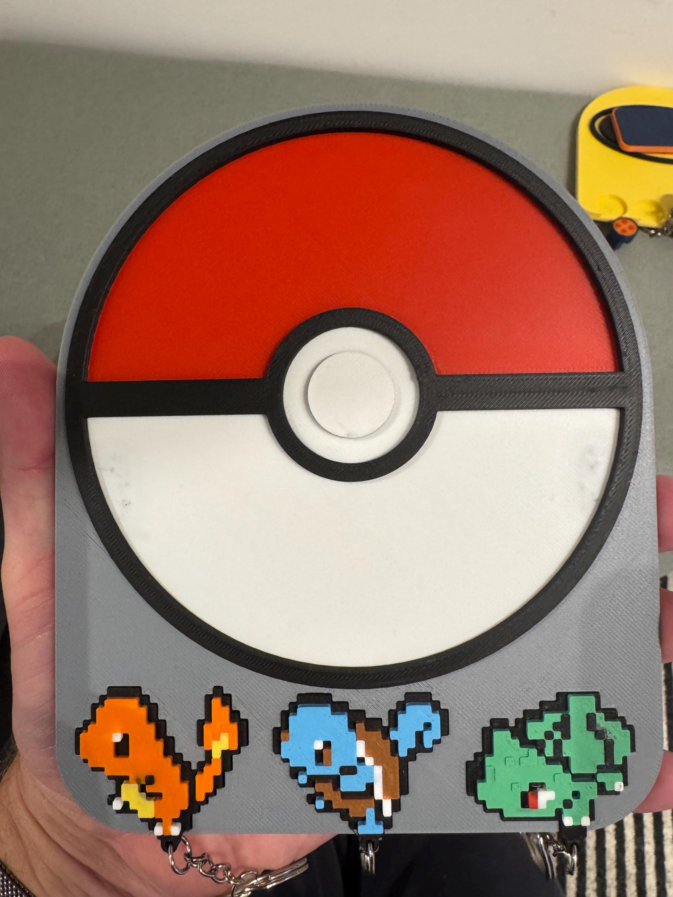 Pokeball Key Holder | Pixel Art Pokemon Key Rack with Charmander, Squirtle & Bulbasaur | Geeky Gamer Wall Decor