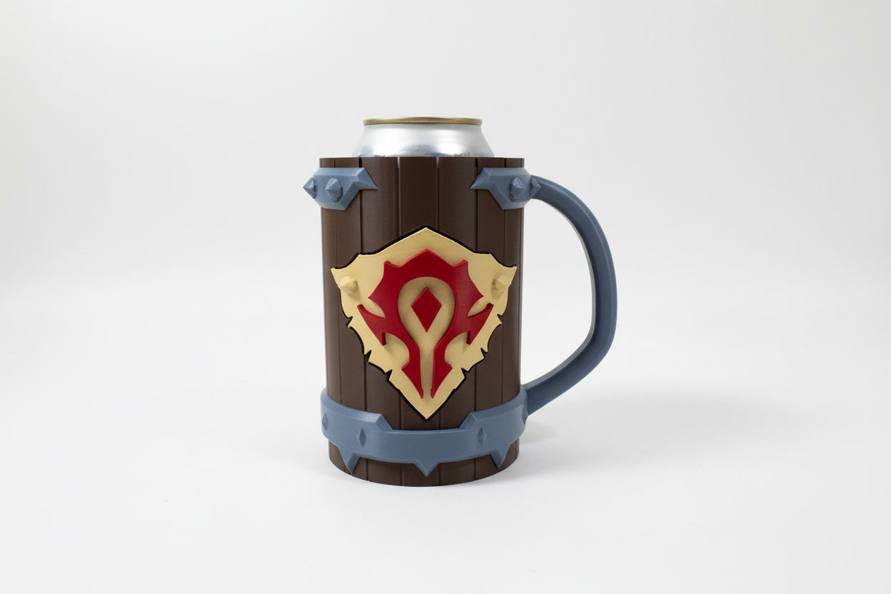 Decorative works of Warcraft can holder with a shield horde emblem on a gray surface