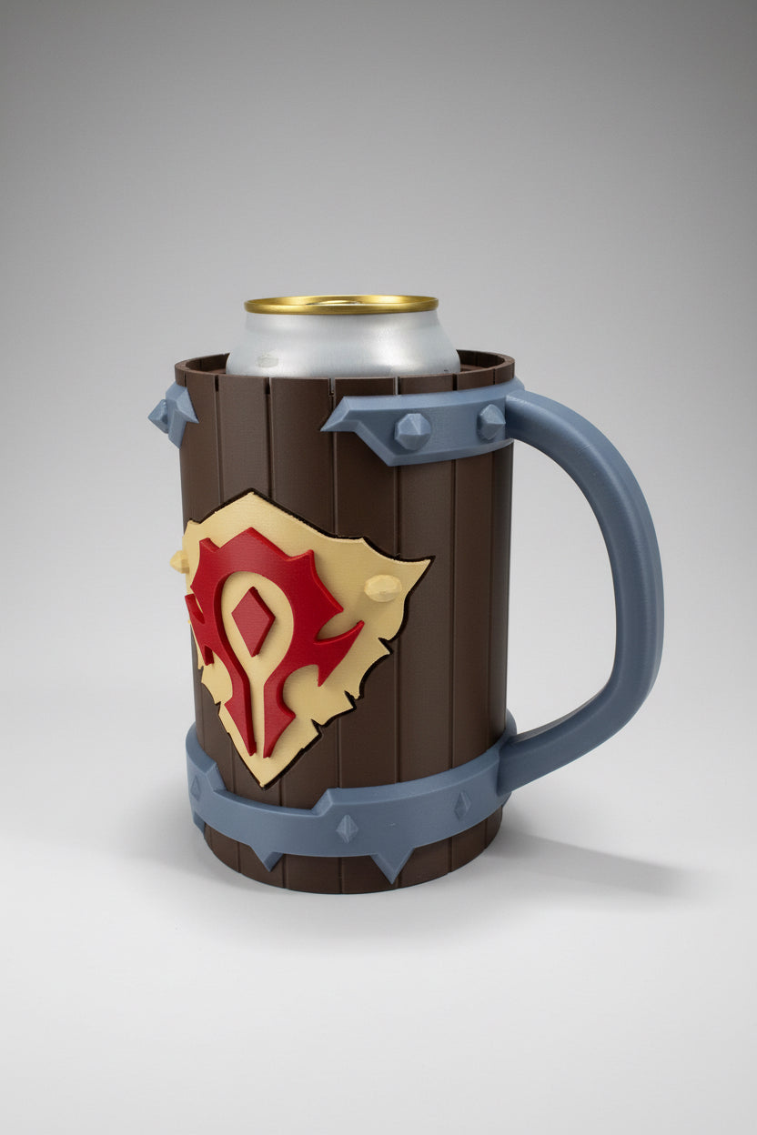 Decorative world of Warcraft can holder with a horde shield emblem on a neutral background