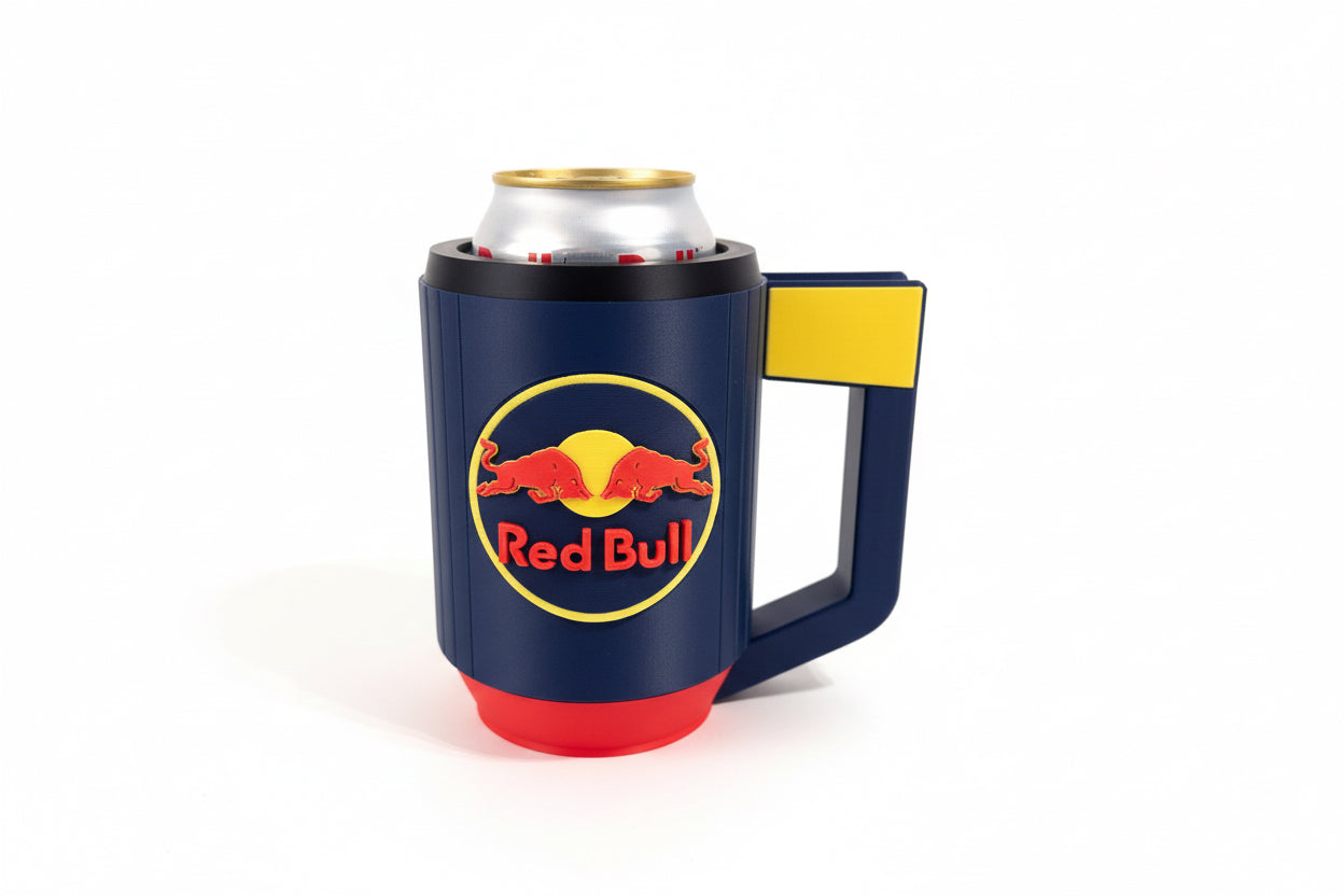 Red Bull can cooler with a can inside on a neutral background