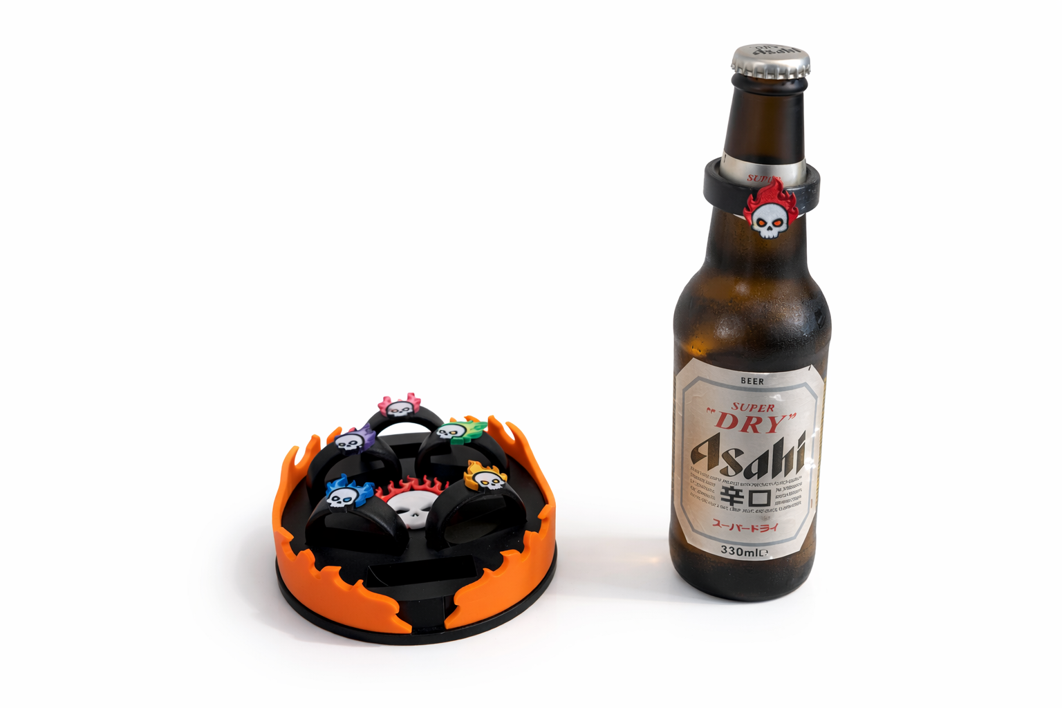 Flaming Skull Bottle Markers Set with Holder | Beer Bottle Rings | Funny Bar Accessories | Party Drink Identifiers