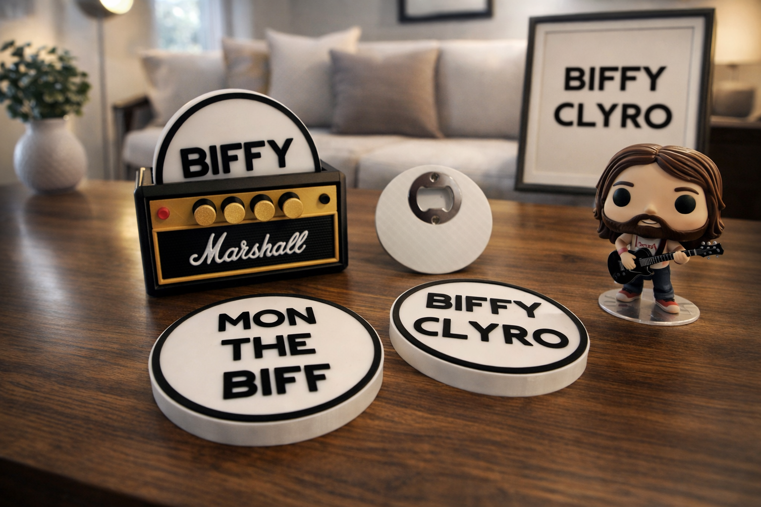 Biffy Clyro Coaster Set with Amp Holder – 3D Printed Rock Band Coasters & Bottle Opener – Music Fan Gift