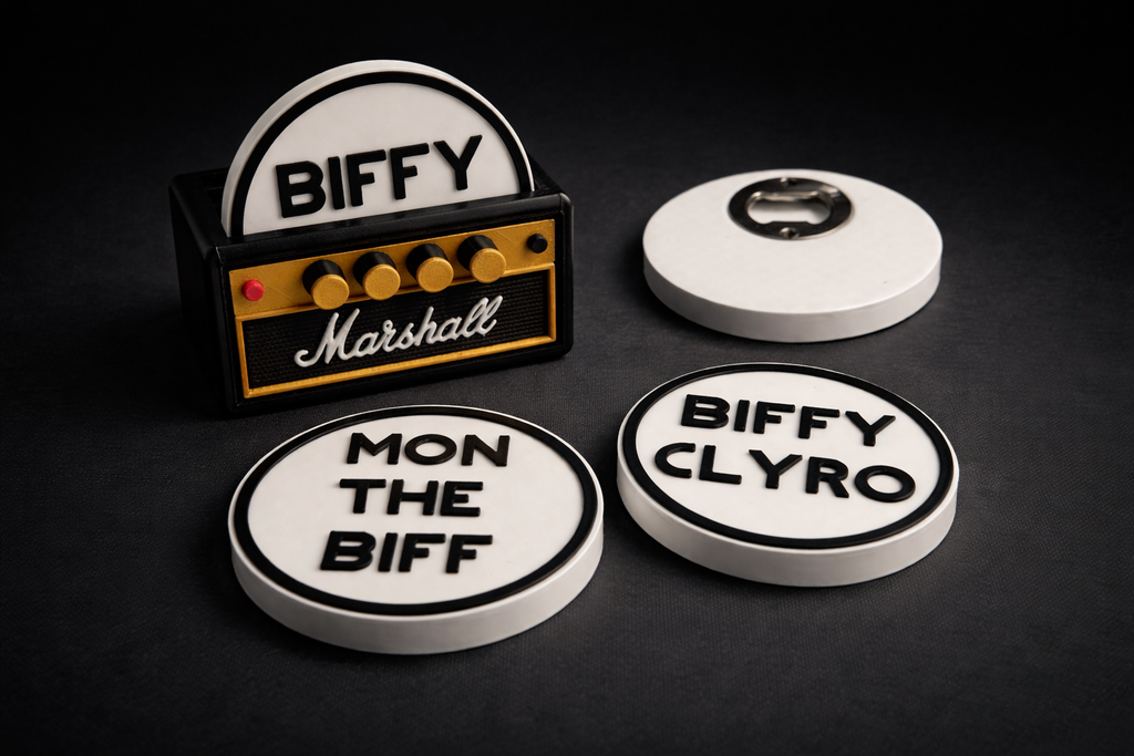 Biffy Clyro Coaster Set with Amp Holder – 3D Printed Rock Band Coasters & Bottle Opener – Music Fan Gift