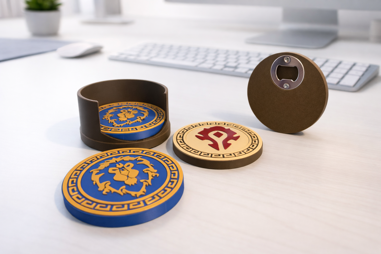 World of Warcraft Coaster Set – Horde & Alliance Faction Emblems | 3D Printed Gamer Gift | Set of 4 with Holder