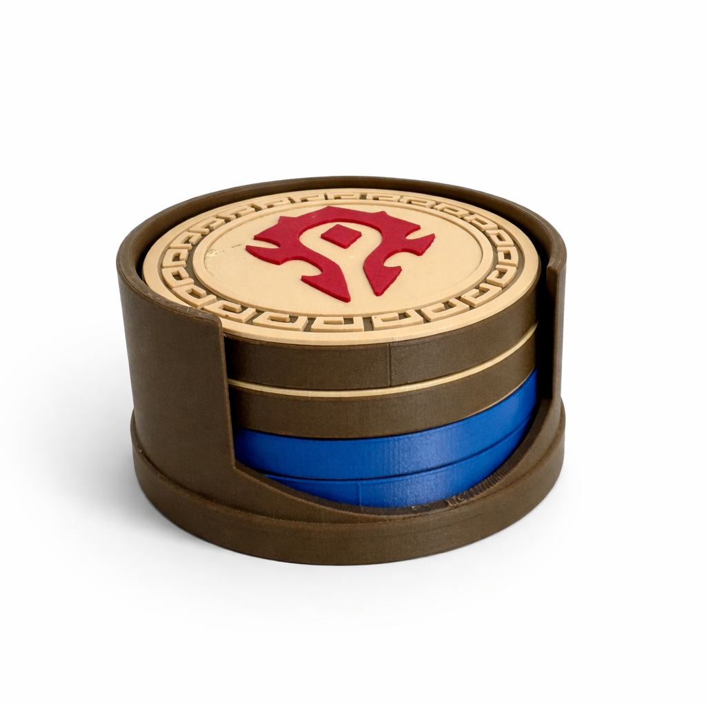 World of Warcraft Coaster Set – Horde & Alliance Faction Emblems | 3D Printed Gamer Gift | Set of 4 with Holder