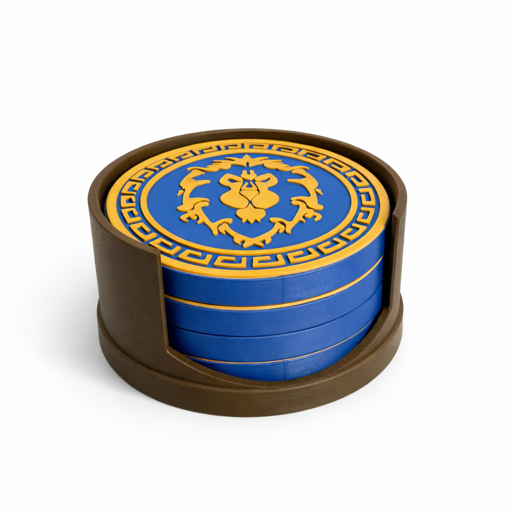 World of Warcraft Coaster Set – Horde & Alliance Faction Emblems | 3D Printed Gamer Gift | Set of 4 with Holder