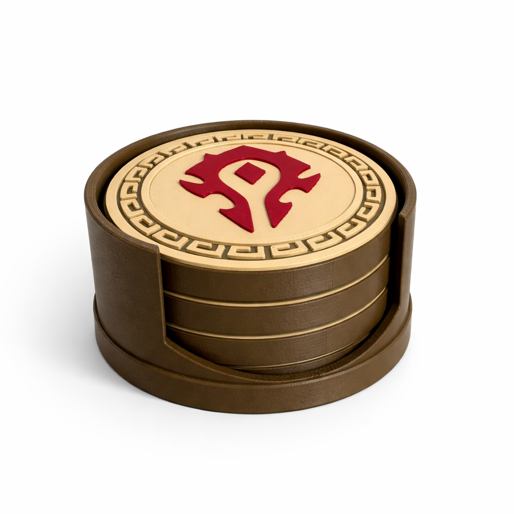 World of Warcraft Coaster Set – Horde & Alliance Faction Emblems | 3D Printed Gamer Gift | Set of 4 with Holder