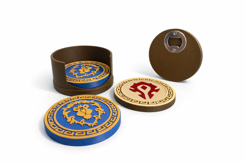 World of Warcraft Coaster Set – Horde & Alliance Faction Emblems | 3D Printed Gamer Gift | Set of 4 with Holder