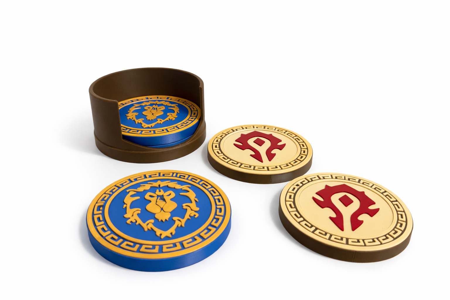World of Warcraft Coaster Set – Horde & Alliance Faction Emblems | 3D Printed Gamer Gift | Set of 4 with Holder