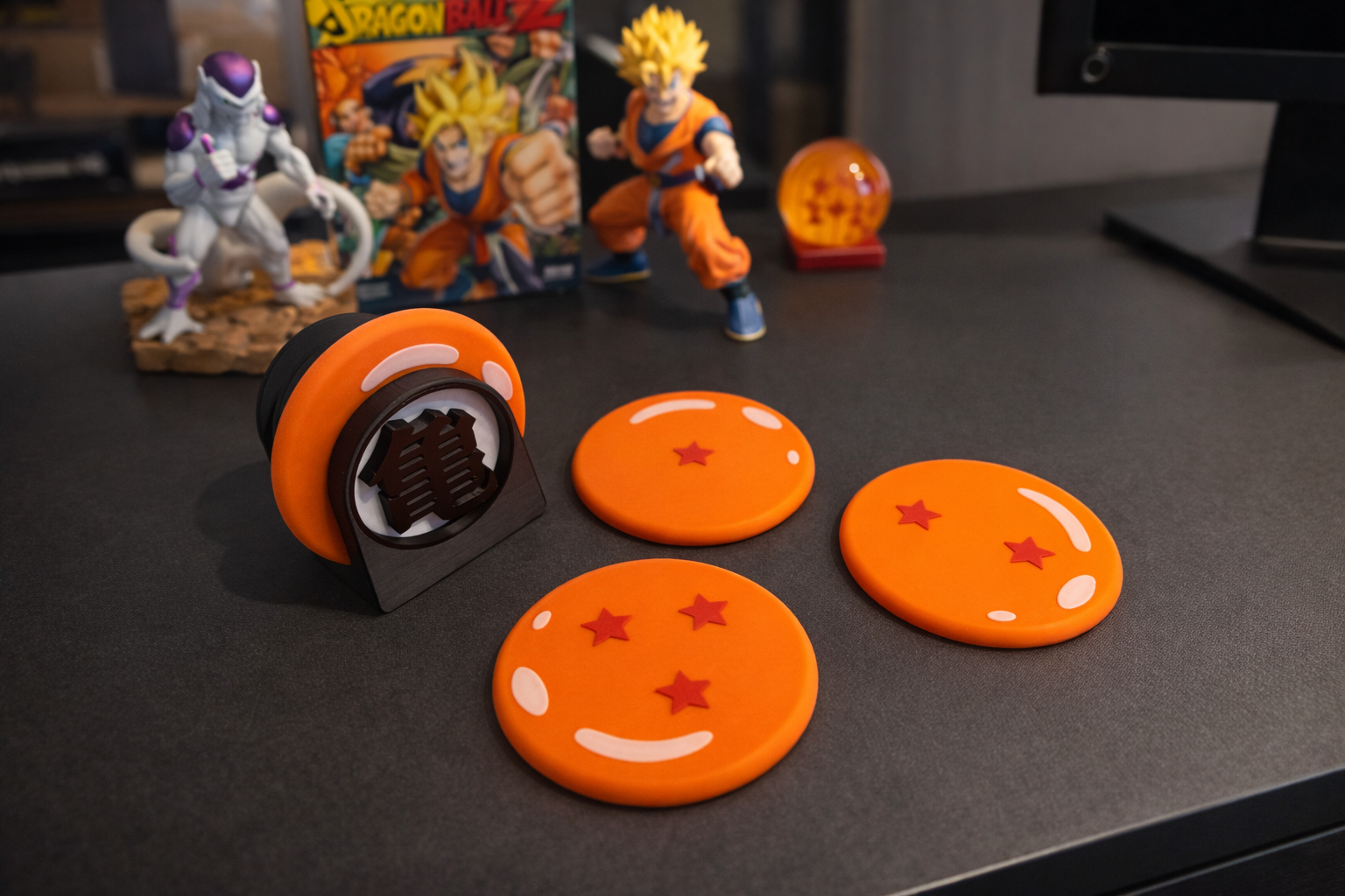 Dragon Ball Z Bottle Opener Coaster Set | 3D Printed Dragon Ball Coasters with Holder | Anime Gift | DBZ Home Bar Accessory | Kame Symbol