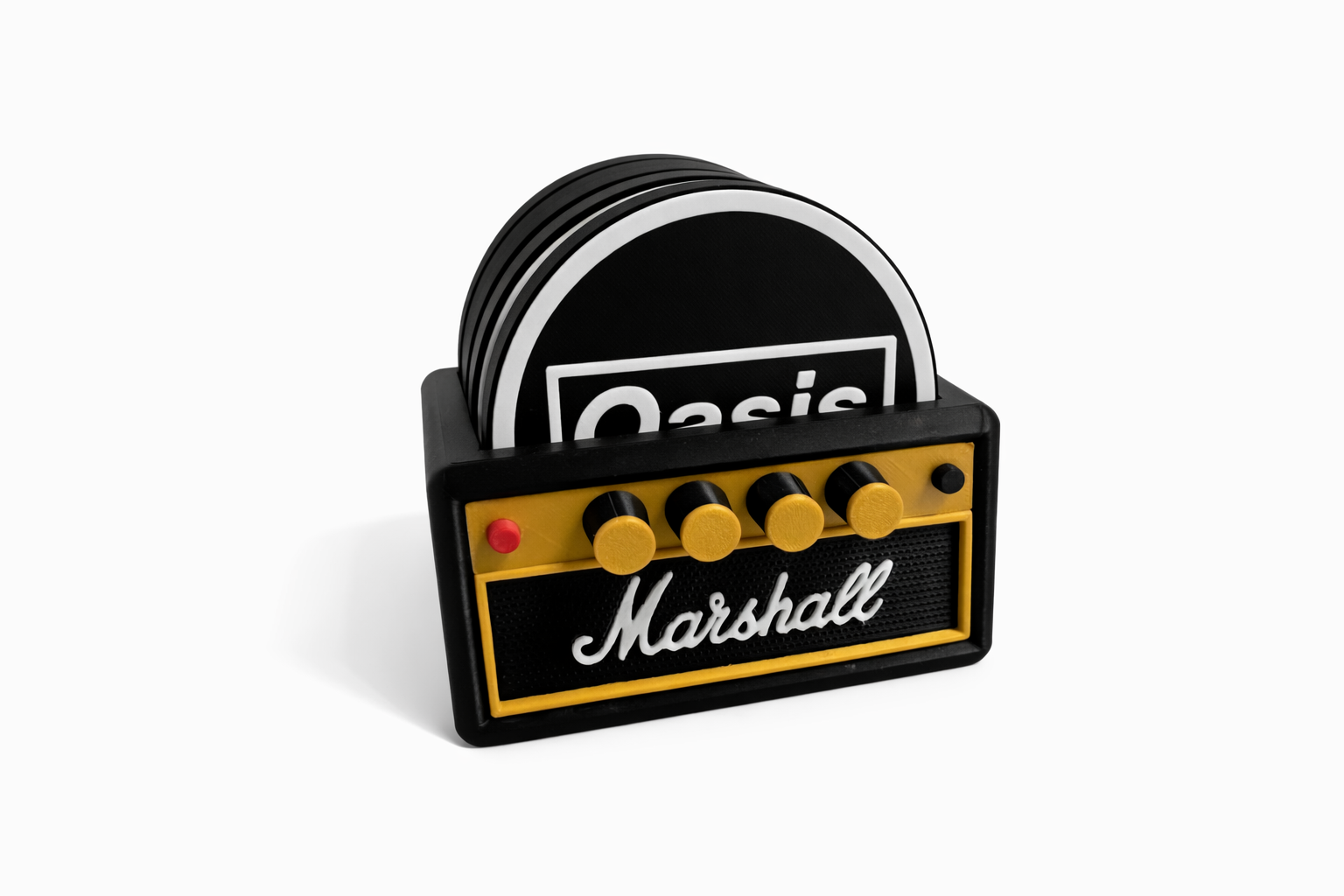 Oasis Coaster Set with Marshall Amp Holder & Bottle Opener | Music Fan Gift | 3D Printed Drink Coasters