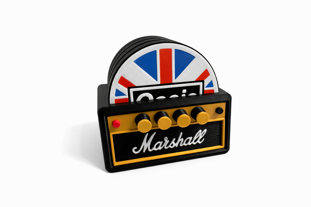 Oasis Coaster Set with Marshall Amp Holder & Bottle Opener | Music Fan Gift | 3D Printed Drink Coasters