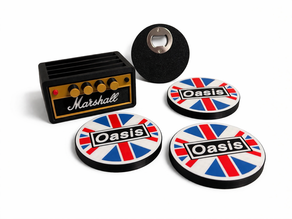 Oasis Coaster Set with Marshall Amp Holder & Bottle Opener | Music Fan Gift | 3D Printed Drink Coasters