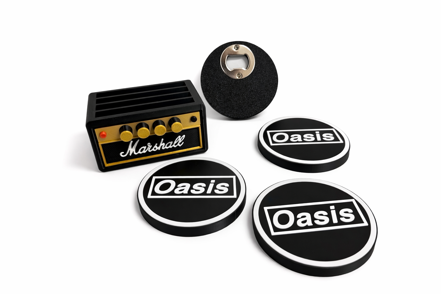 Oasis Coaster Set with Marshall Amp Holder & Bottle Opener | Music Fan Gift | 3D Printed Drink Coasters