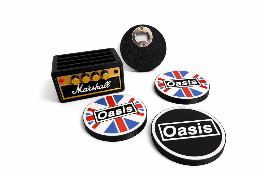 Oasis Coaster Set with Marshall Amp Holder & Bottle Opener | Music Fan Gift | 3D Printed Drink Coasters