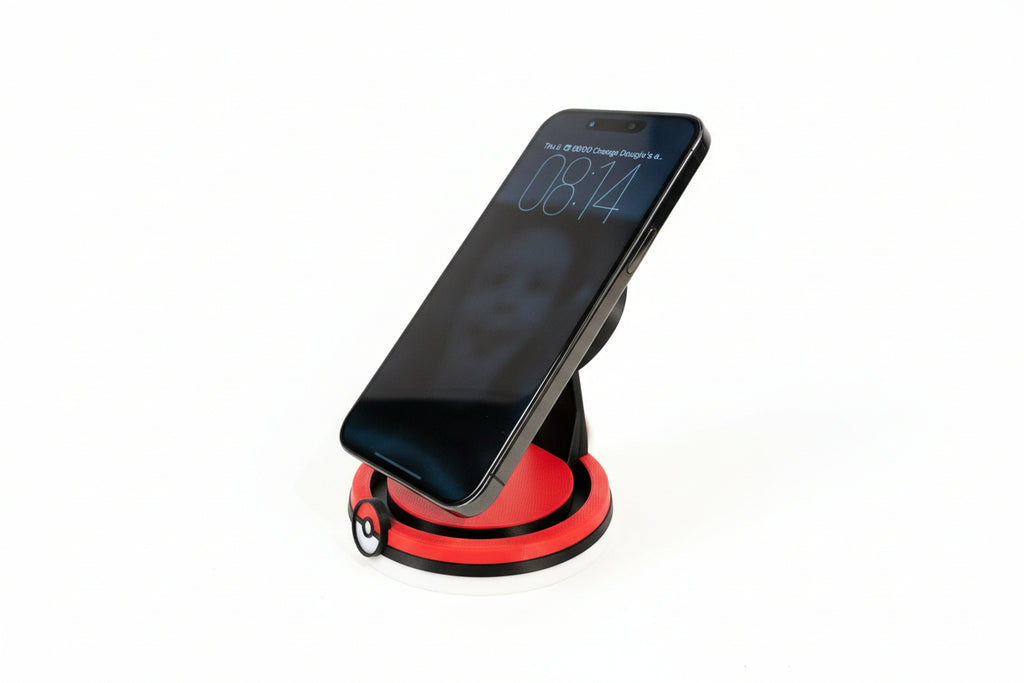 pokemon inspired magsafe iPhone holder with a smartphone on a gray surface