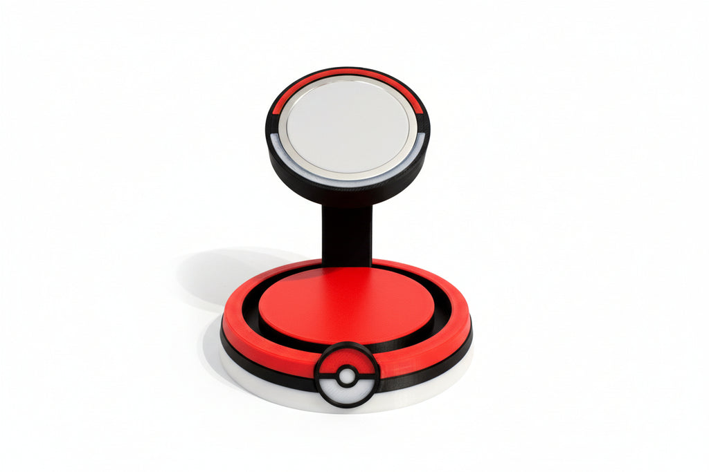 Red and white circular magsafe iphone charger with black accents on a textured surface charger inspired by pokemon pokeballs 