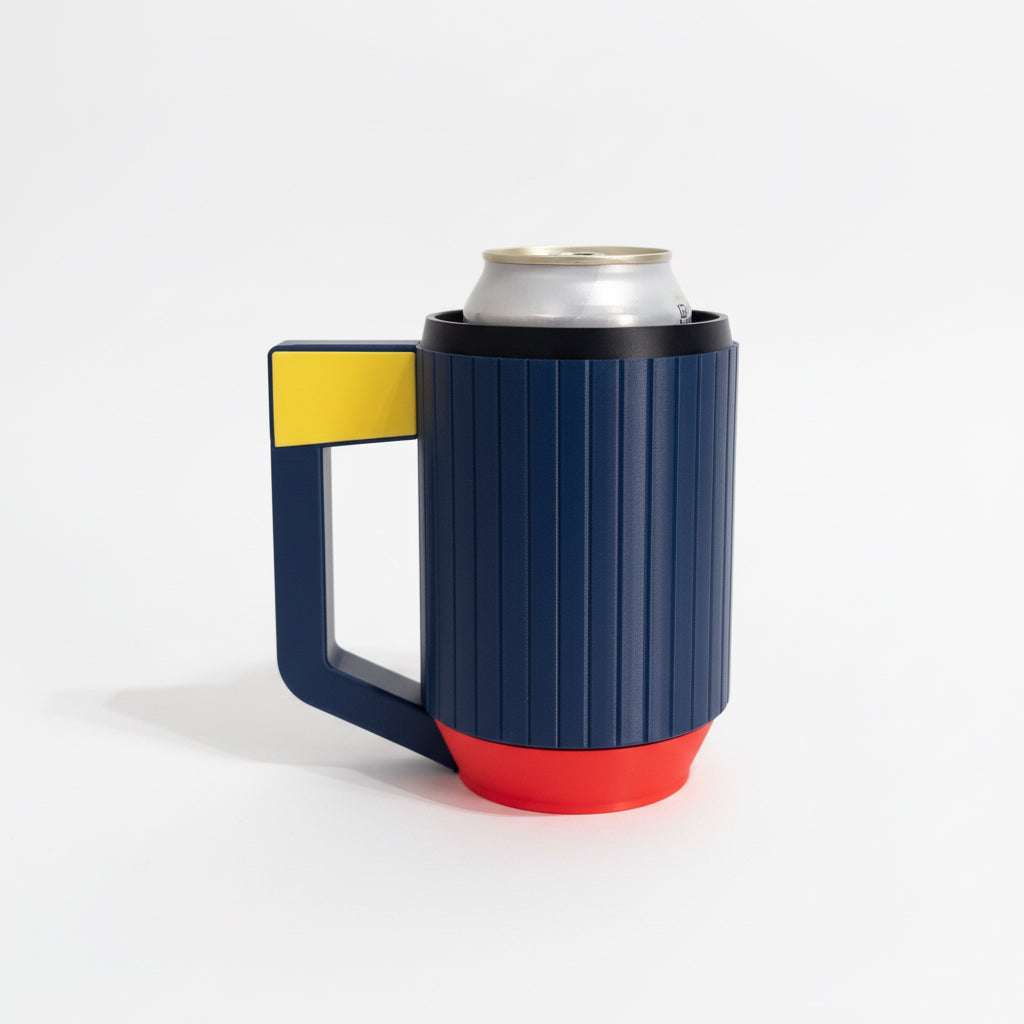 Multicolored can holder with a can on a neutral background