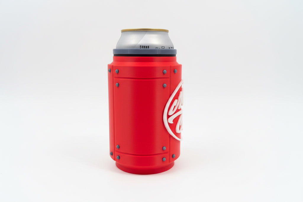 Red can cooler with Coca-Cola logo on a gray surface