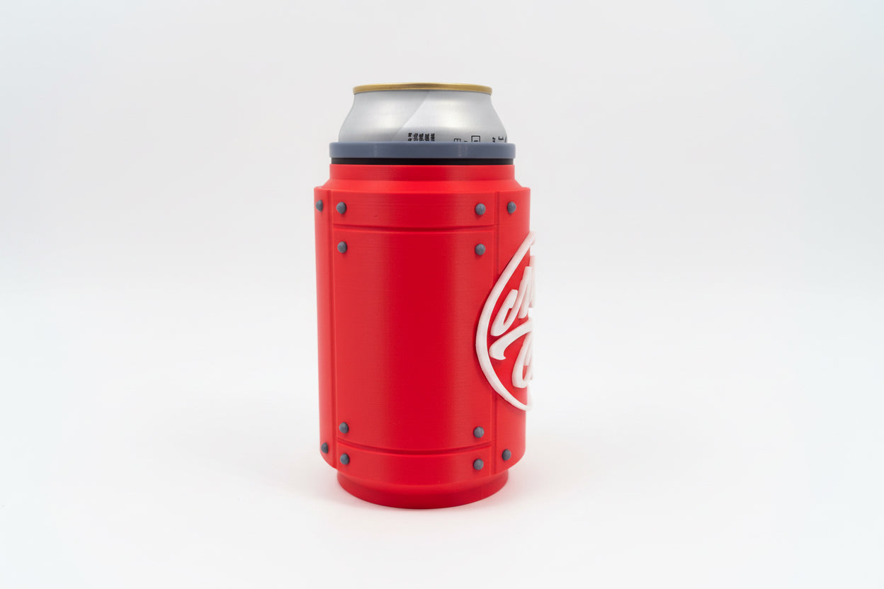 Red can cooler with Coca-Cola logo on a gray surface