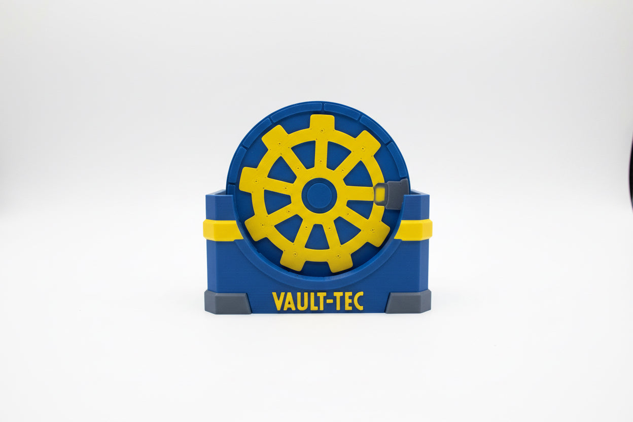 Blue and yellow coaster holder with 'VAULT-TEC' branding on a beige background