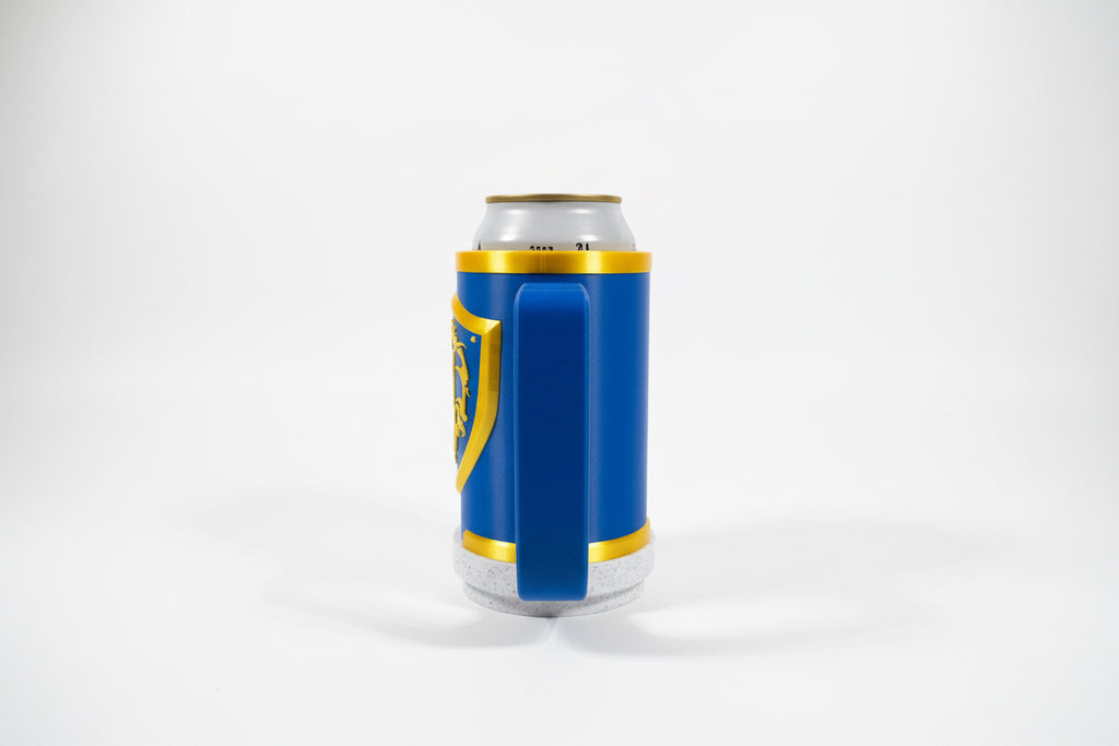 Blue alliance world of Warcraft can holder with gold accents on a gray surface