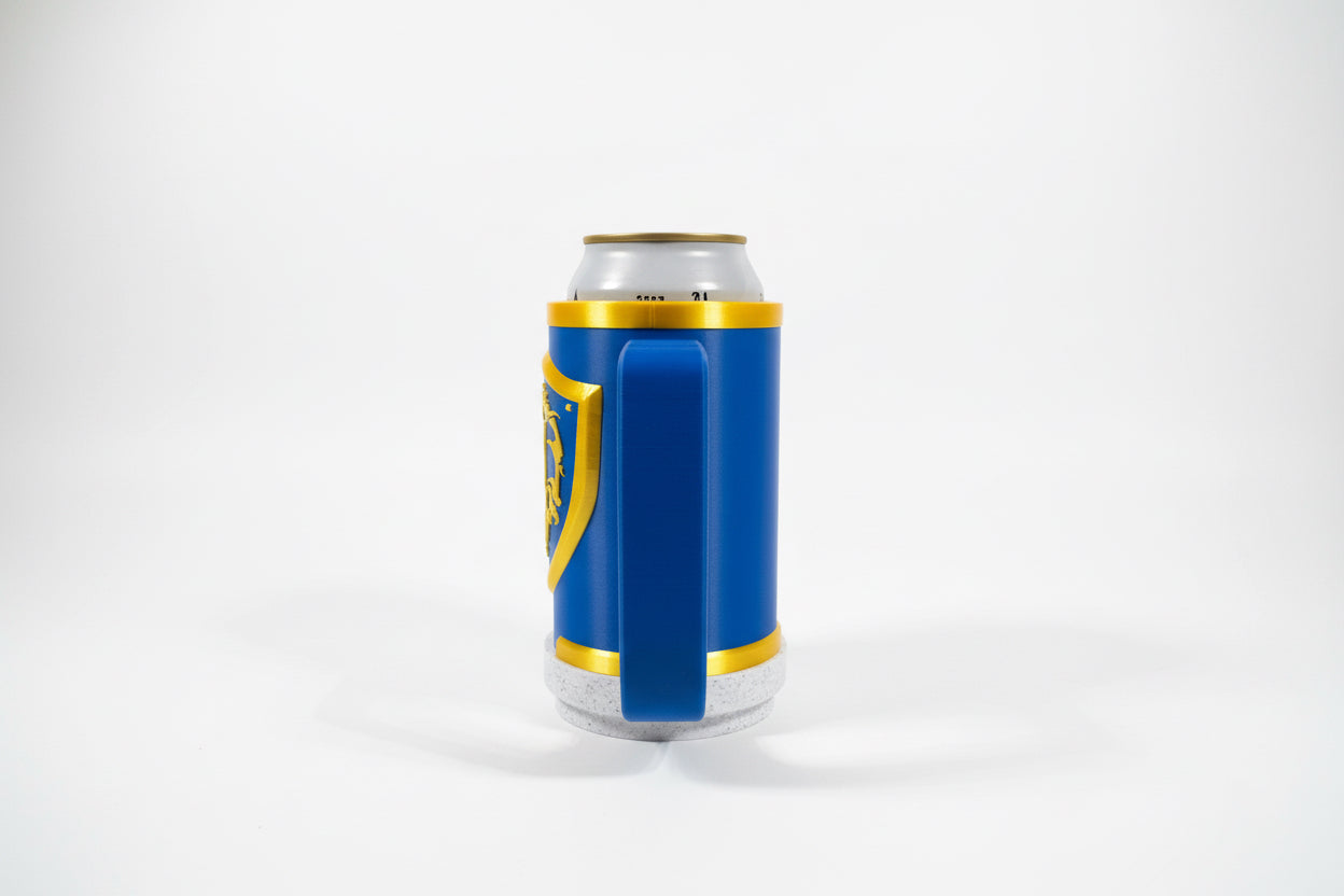 Blue alliance world of Warcraft can holder with gold accents on a gray surface
