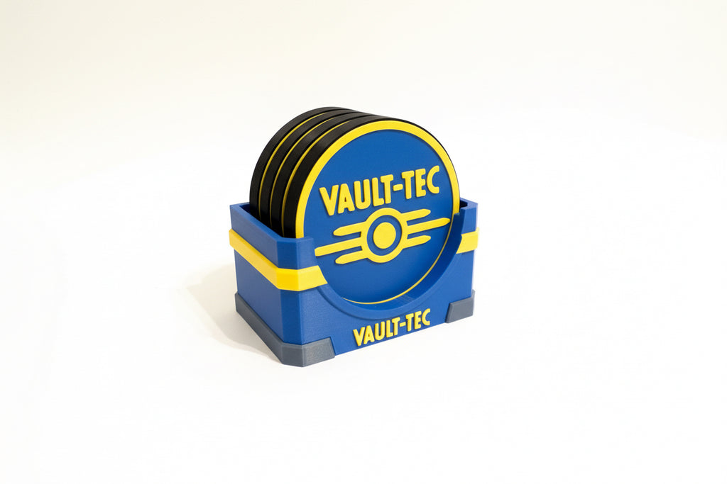 Coaster set with 'Vault-Tec' logo on a stand against a beige background