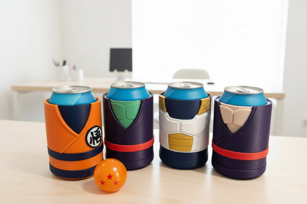 Four can coolers shaped like characters from a popular animated series on a white background.
