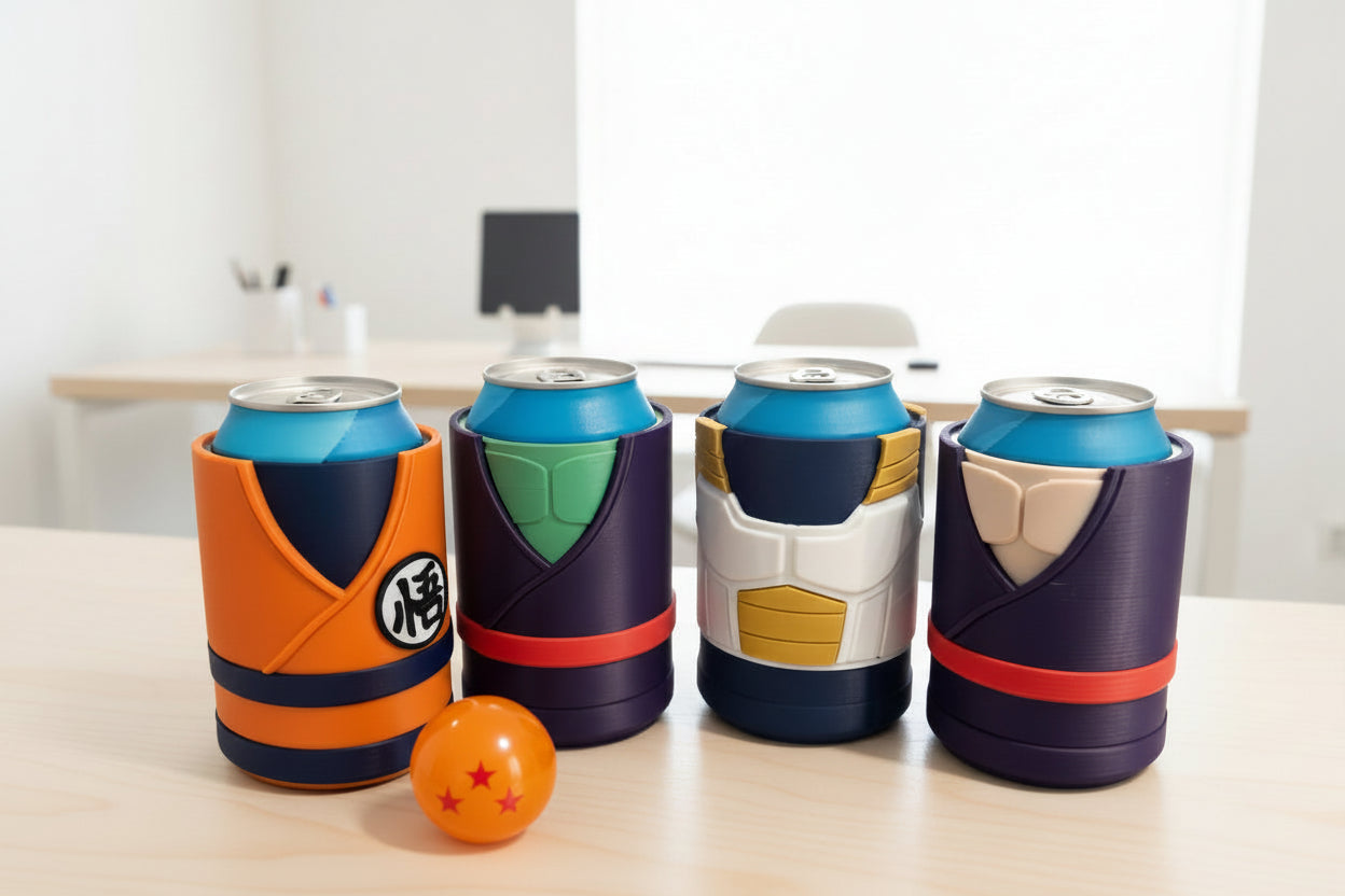 Four can coolers shaped like characters from a popular animated series on a white background.