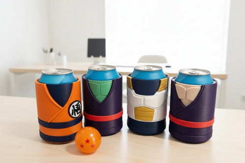 Four can coolers shaped like characters from a popular animated series on a white background.